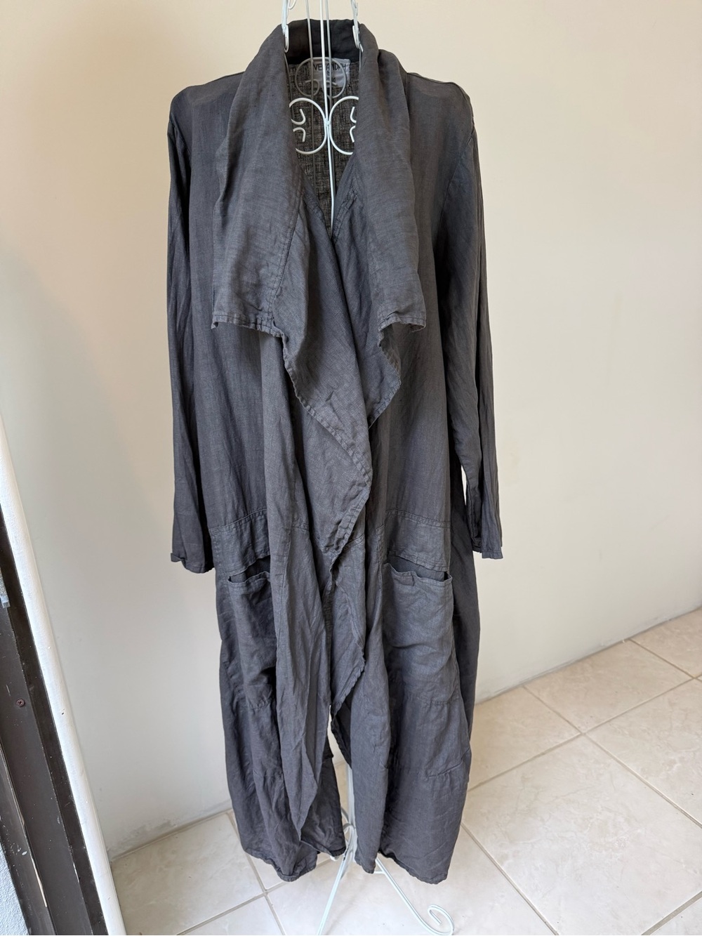 Verandah by Vina Charcoal Gray 100% Linen Lagenlook Duster Coat L XL